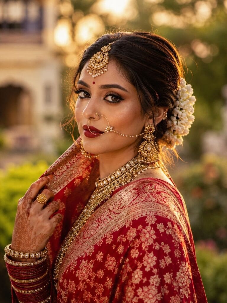 Indian bride in a red Banarasi saree during an outdoor golden hour bridal photoshoot.