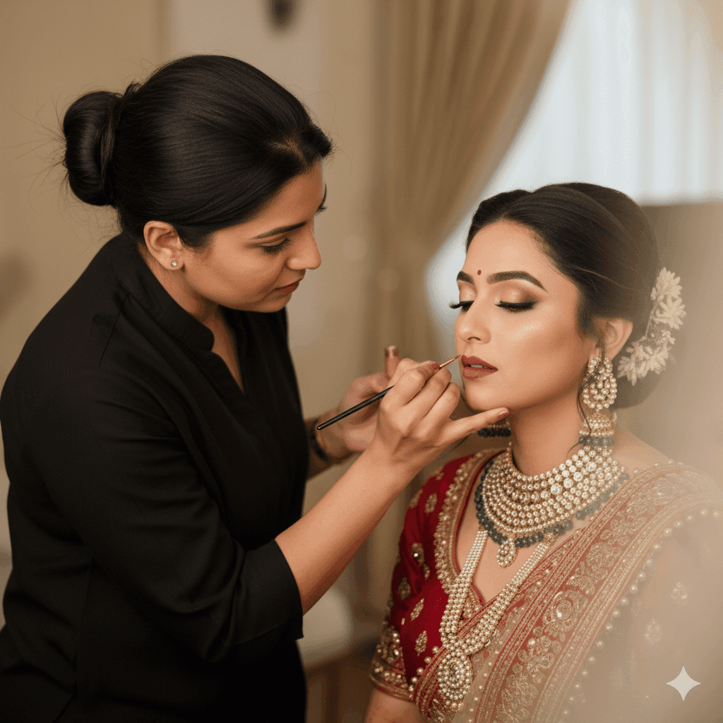 rofessional makeup artist applying bridal makeup in Varanasi studio.