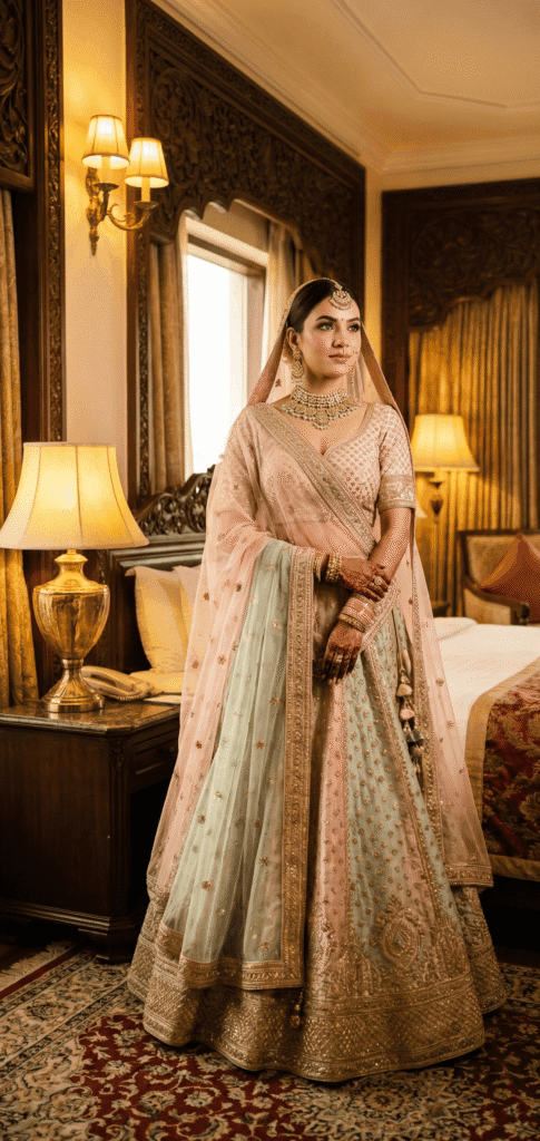 Indian bride with bronze eye glam makeup inside Hotel Clarks Varanasi.