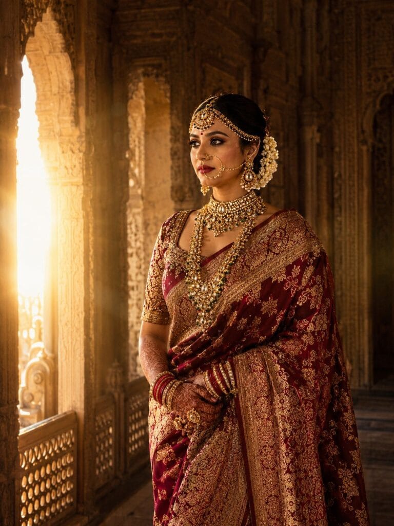Royal Indian bride in a maroon Banarasi saree standing inside a palace corridor.