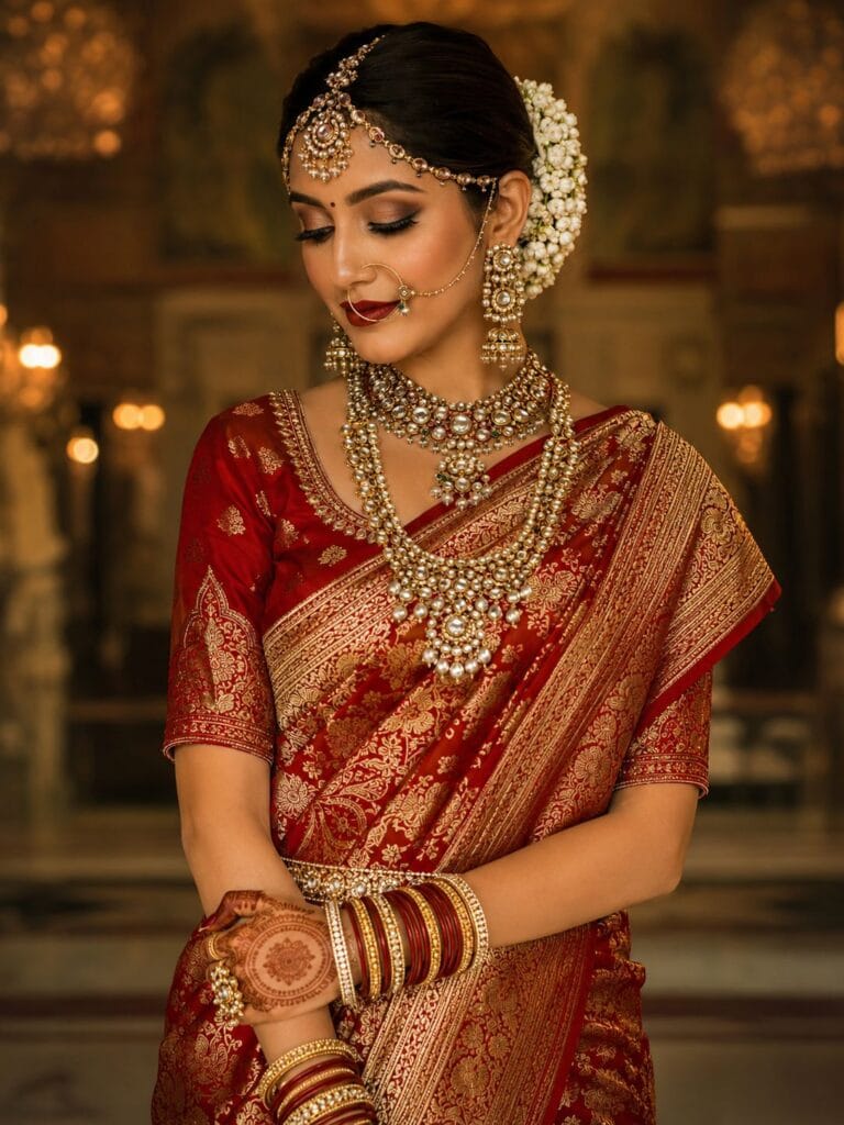 Traditional Indian bride in red Banarasi saree with royal bridal makeup and gold jewelry.