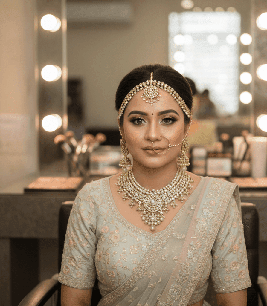 Close-up portrait of a North Indian bride with soft glam makeup in a Sigra Varanasi studio.