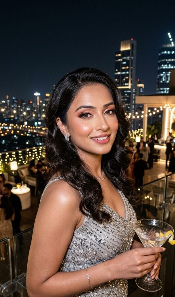 Indian female model with soft glam cocktail party makeup and glowing skin for night events in Varanasi.