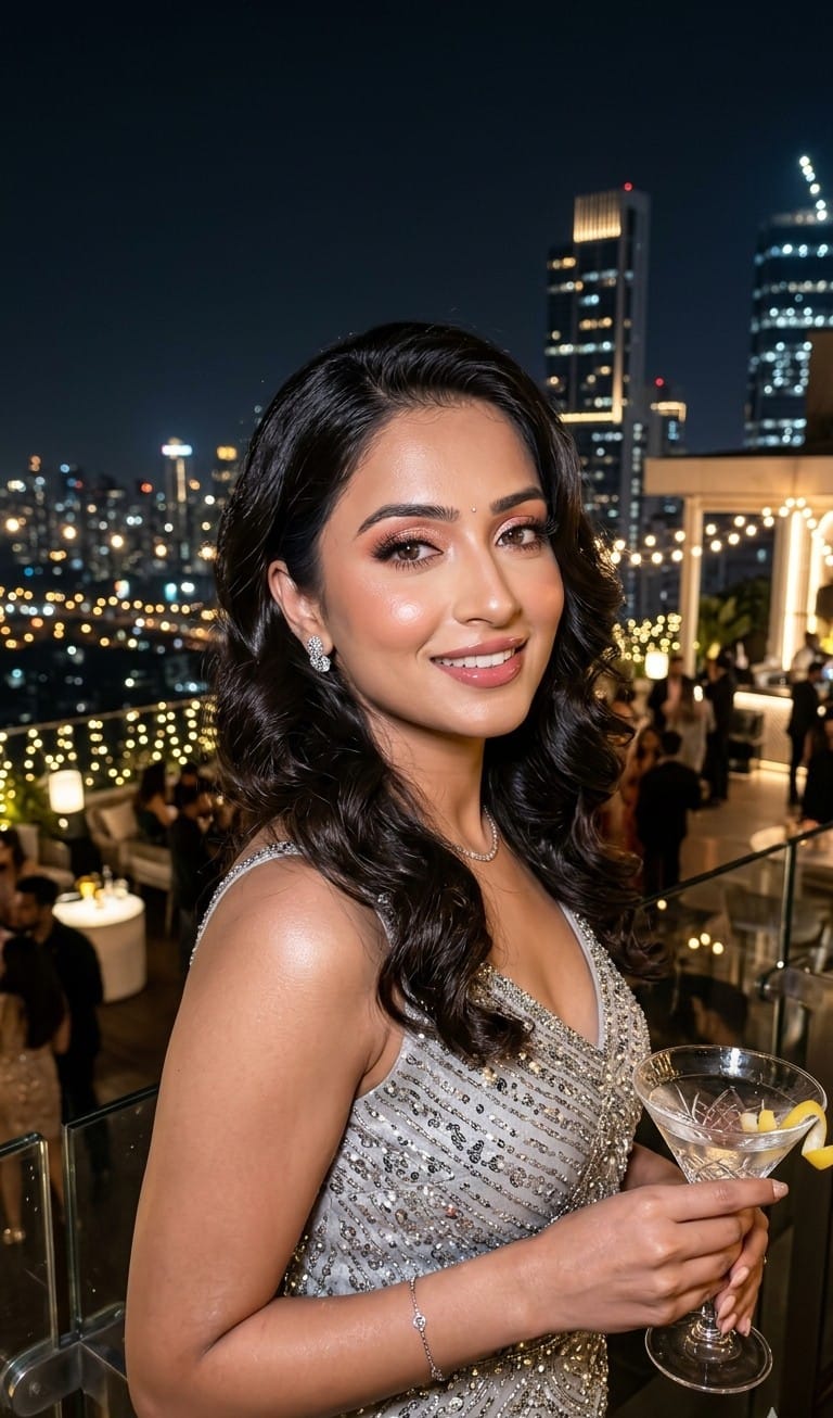 Indian female model with soft glam cocktail party makeup and glowing skin for night events in Varanasi.