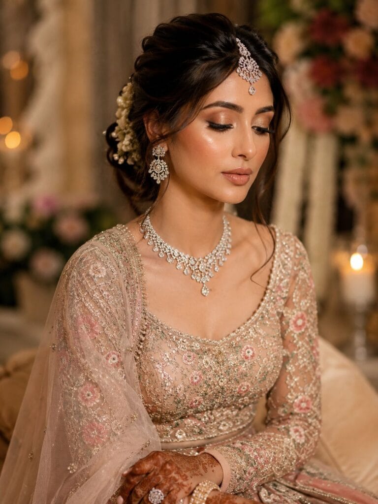Indian bride wearing a pastel lehenga with soft glam bridal makeup and luxury jewelry.