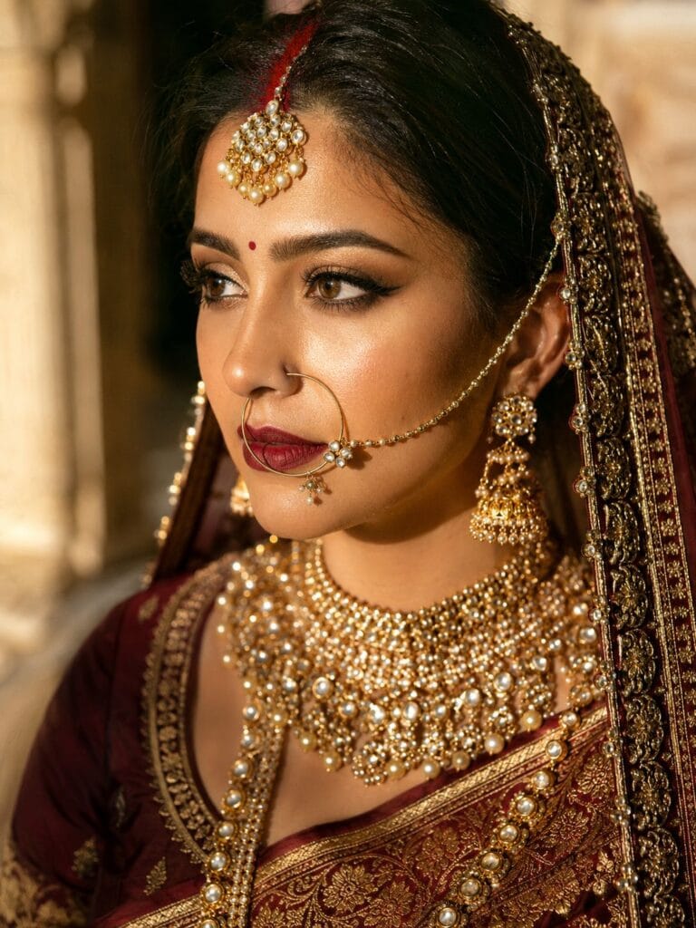 Close-up of Indian bride in maroon Banarasi saree with traditional bridal makeup.