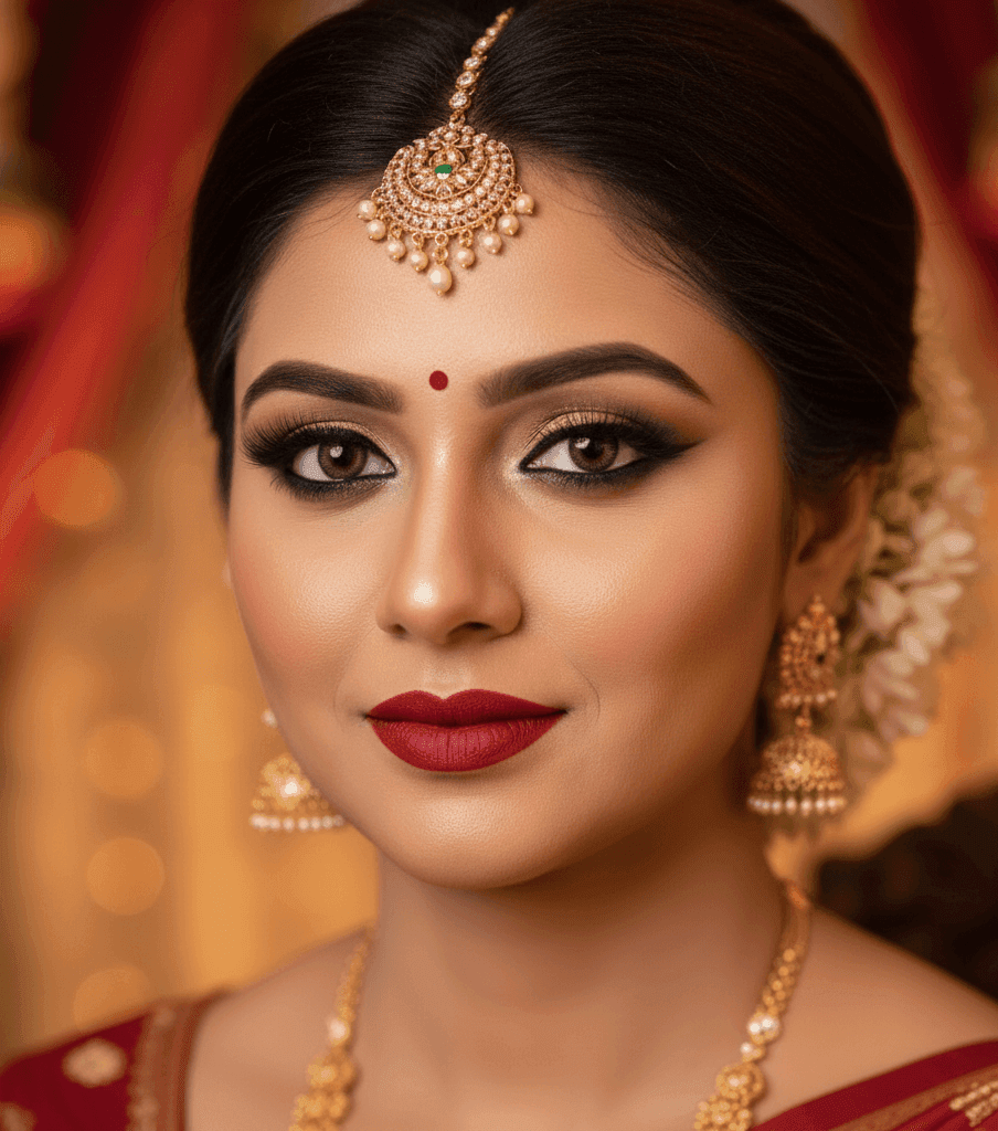 Banarasi bridal makeup in Varanasi with bold kohl eyes and flawless HD base
