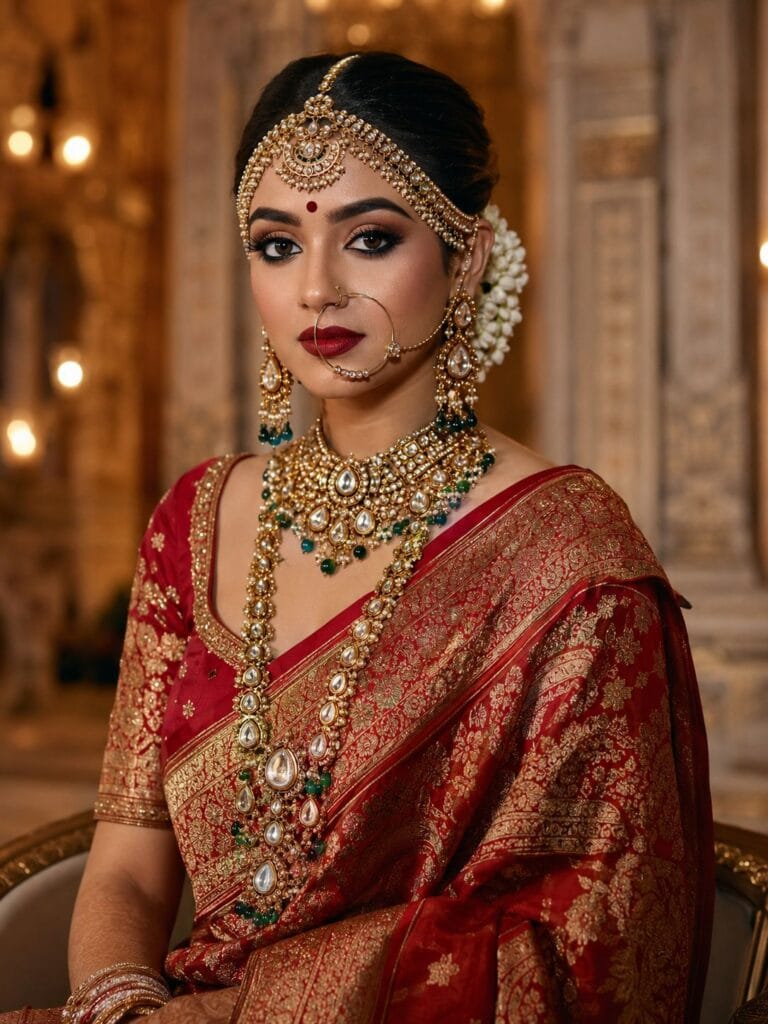 Traditional Indian bride wearing a red Banarasi saree with royal bridal makeup and gold jewelry.