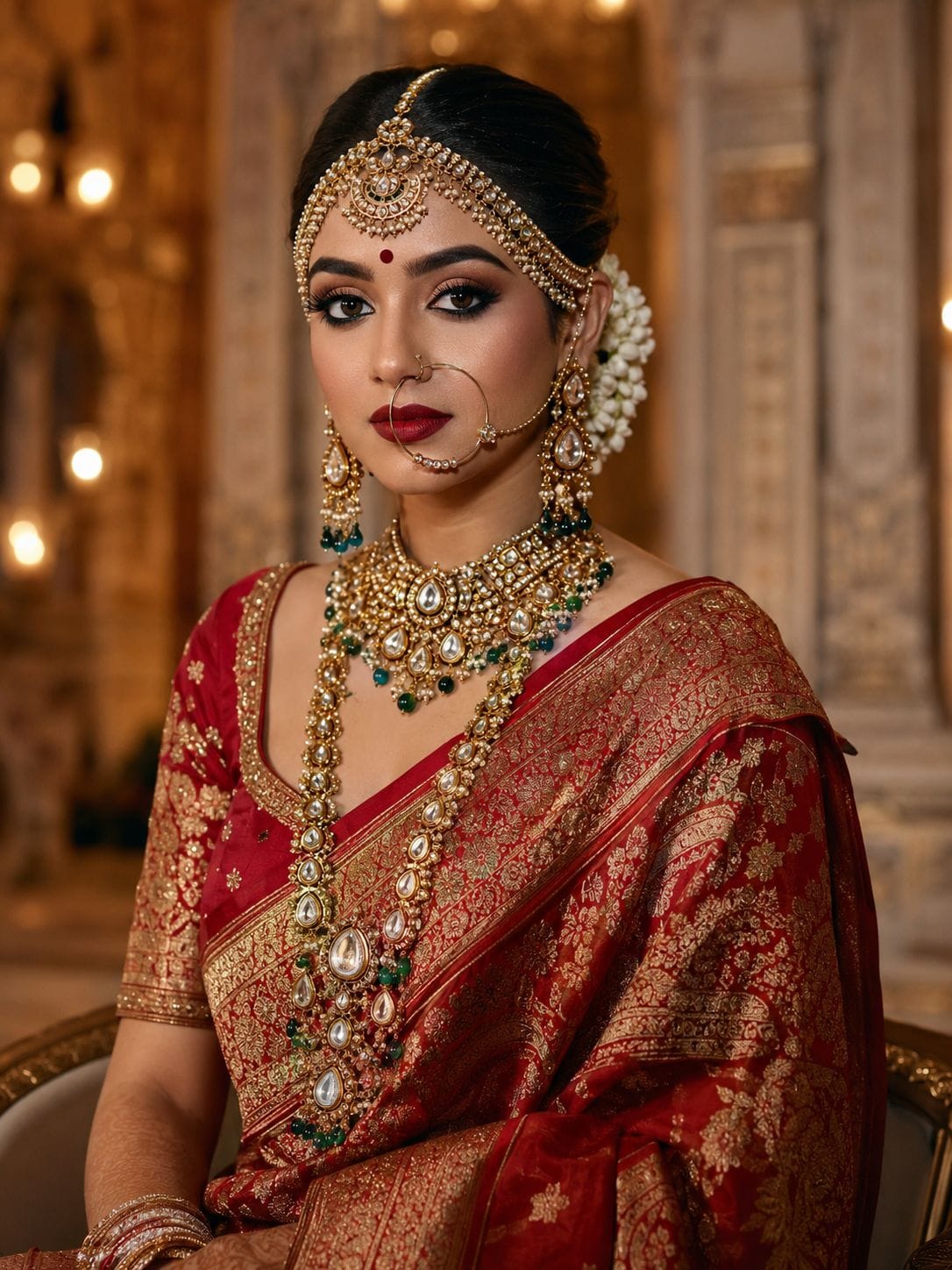 Traditional Indian bride wearing a red Banarasi saree with royal bridal makeup and gold jewelry.