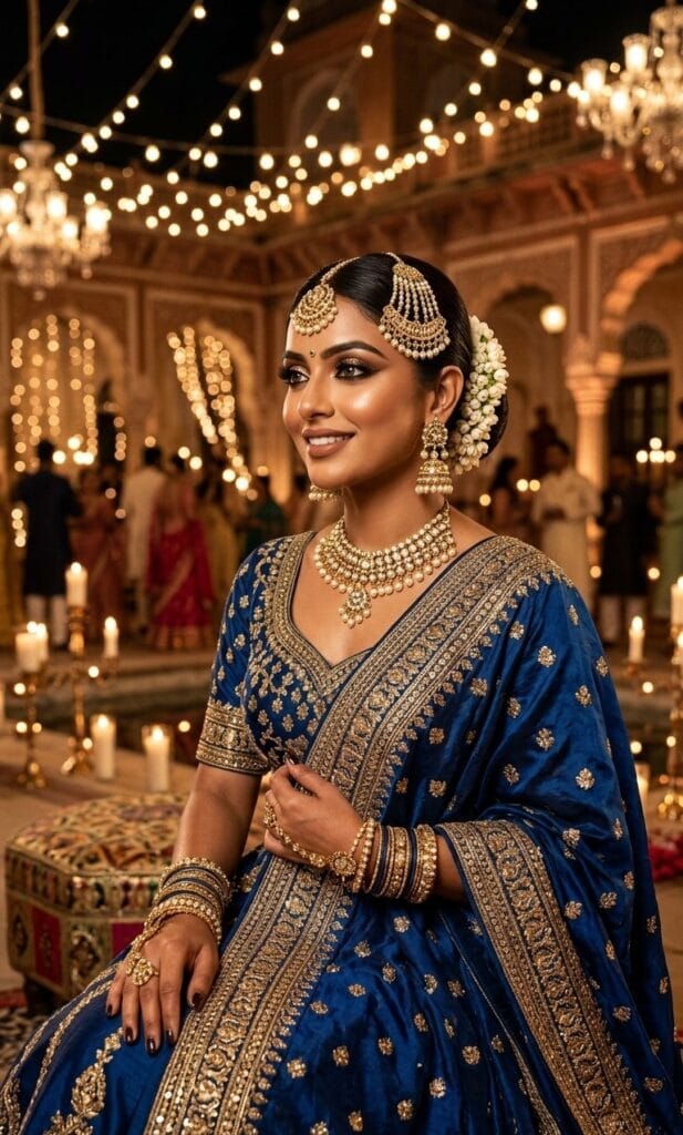 Indian woman in bridal style traditional night function makeup with lehenga and jewelry in Varanasi.