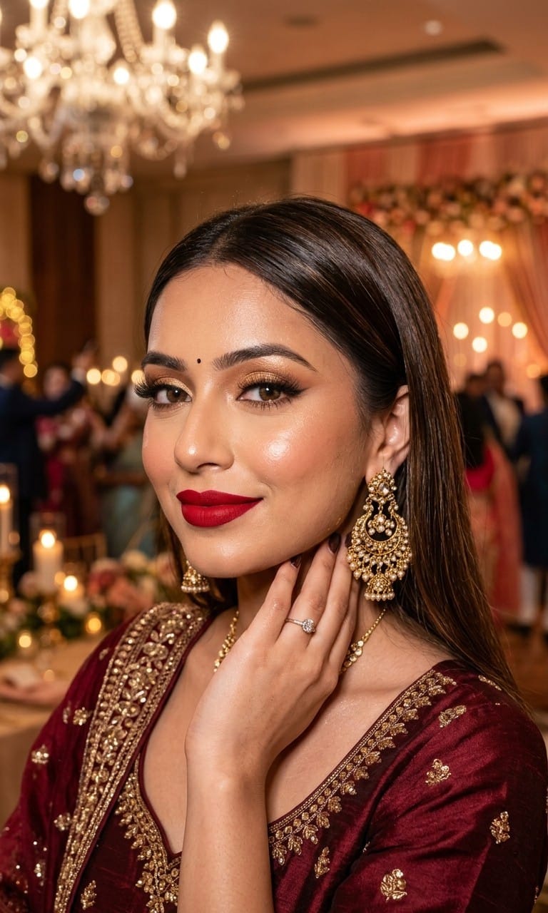 Indian woman with bold red lips and golden eye makeup for a wedding reception night function in Varanasi.