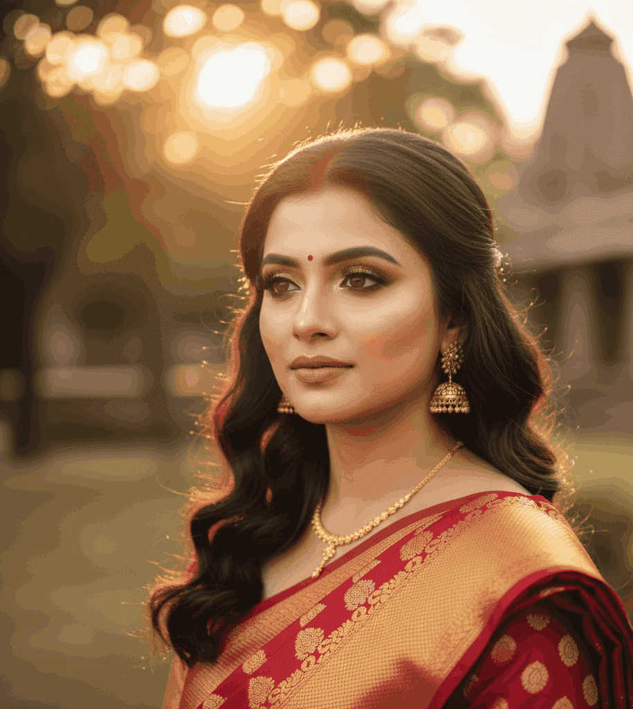 Banarasi saree bride from Varanasi with soft brown smokey eyes