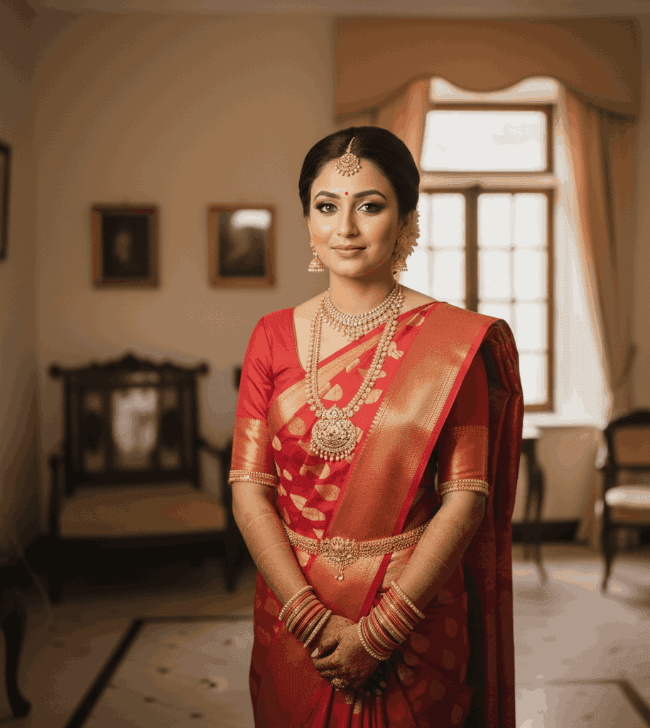 anarasi bridal portrait with gajra bun and soft glam makeup in Bhojubir Varanasi.