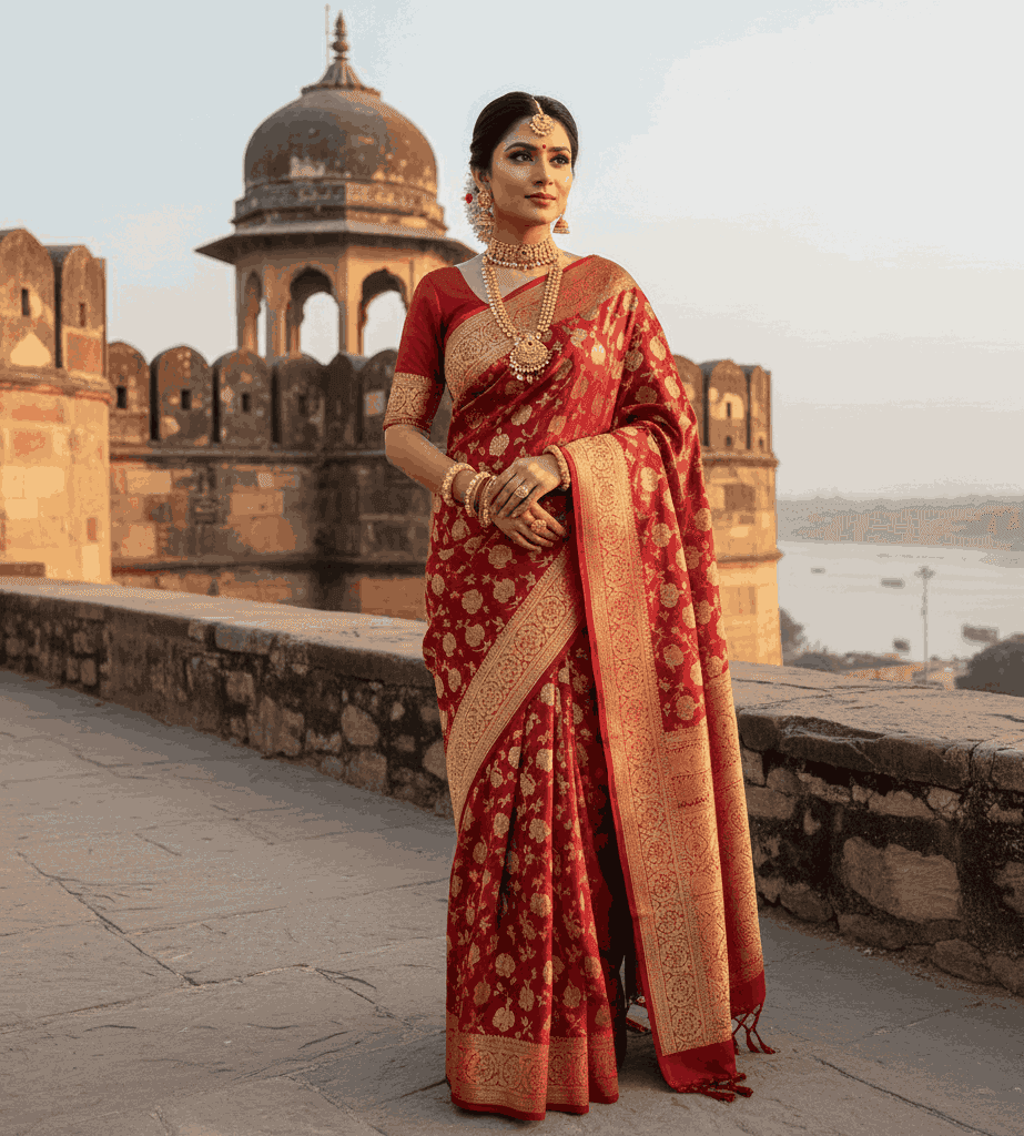 Banarasi saree bride with nude makeup and traditional jewellery in an outdoor Ramnagar Fort backdrop.