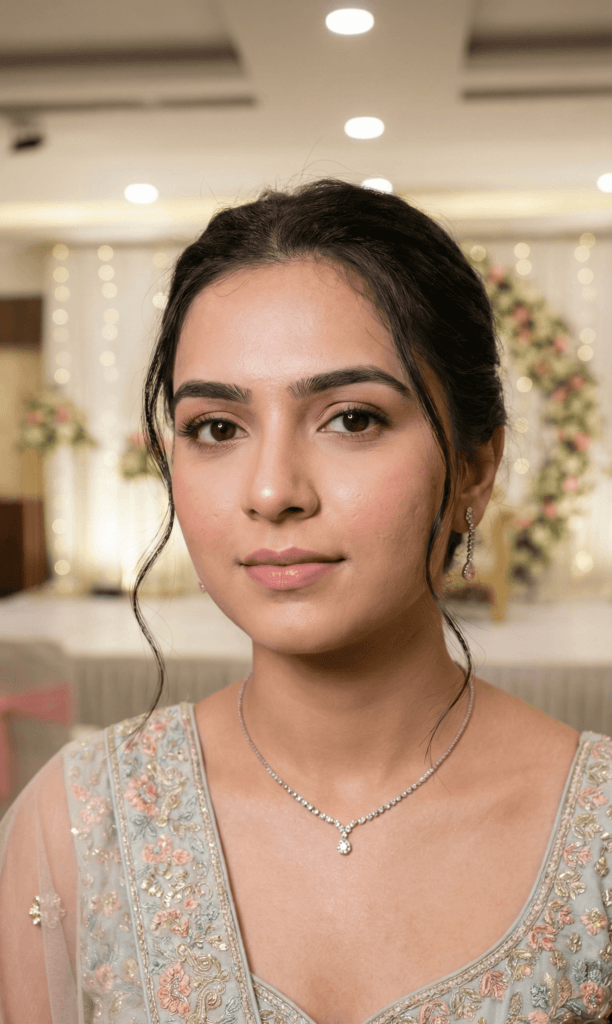 Basic engagement makeup look for brides in Varanasi with natural finish and soft traditional styling