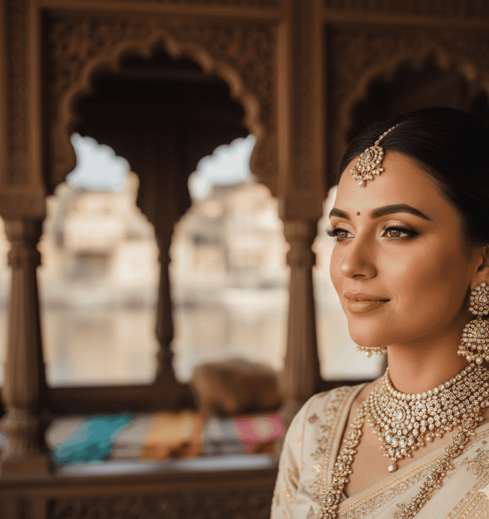 Rohania Varanasi bride getting a soft glam bridal makeup look at home