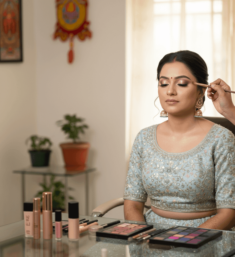 Engagement makeup artist in Sigra Varanasi doing soft glam look