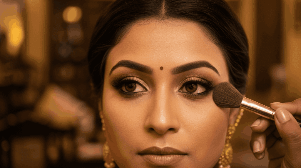 Close-up bridal eye makeup done at home in Varanasi.