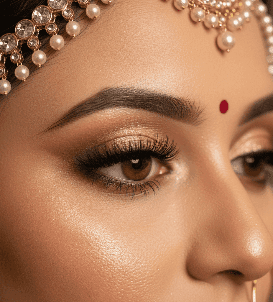 Close-up bridal eye makeup soft smoky look.