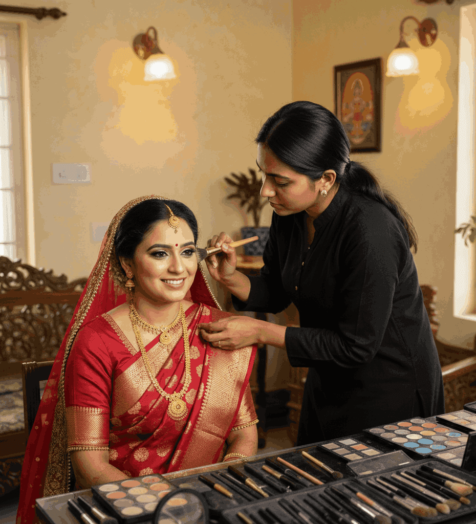 Bridal jewellery setting during home service makeup in Pahariya Varanasi.
