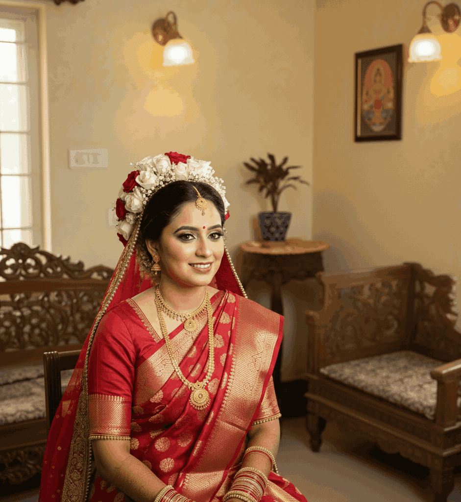 Bride getting HD bridal makeup done through home service in Pahariya Varanasi.