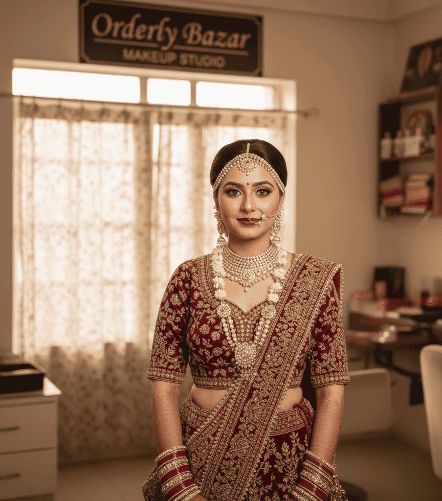 Makeup artist fixing maang tikka for bride in Varanasi.