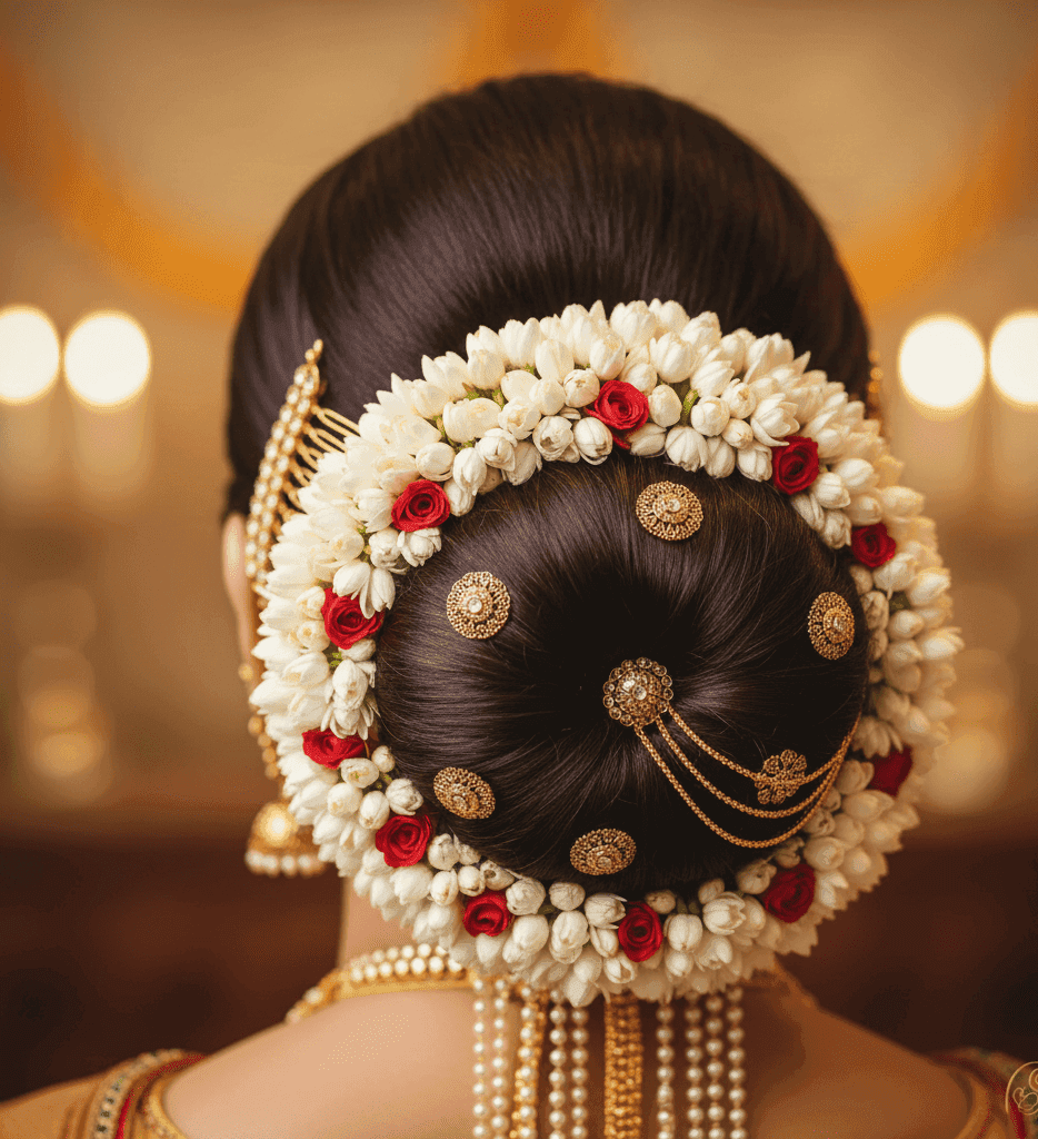 Bridal hairstyle with floral bun by makeup artist in Godowlia Varanasi