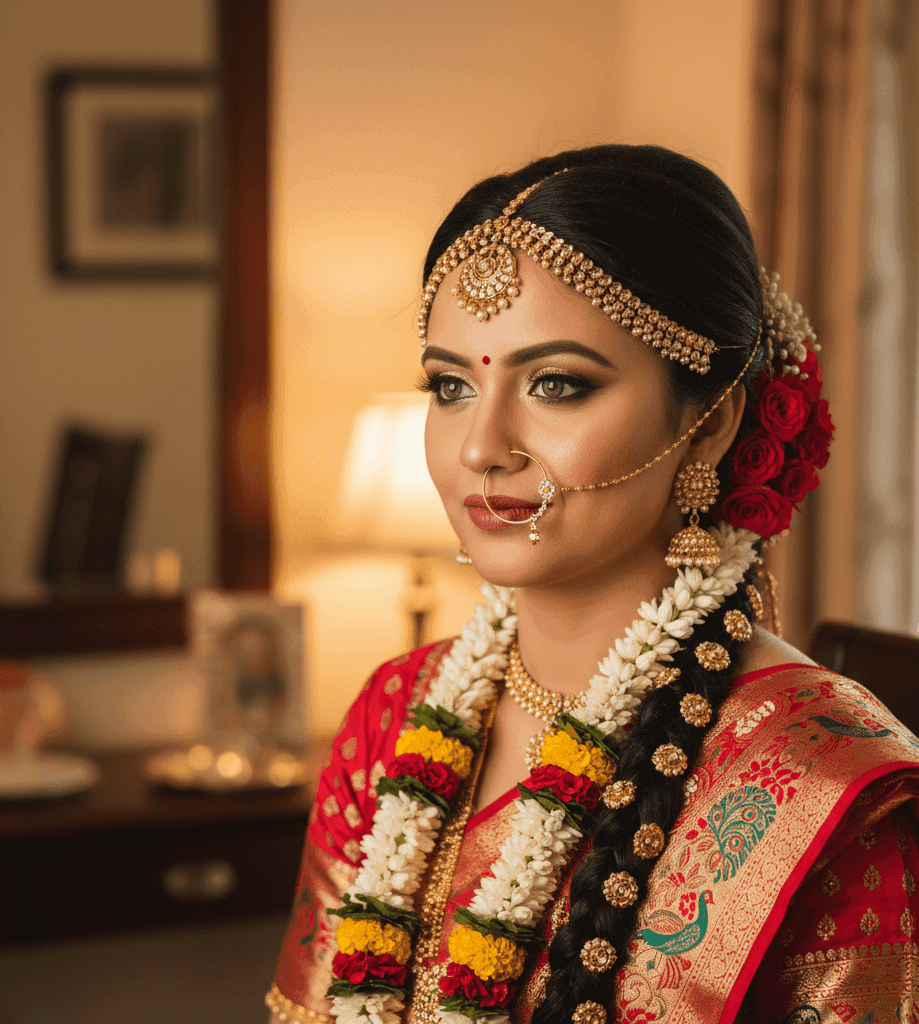 Bridal makeup artist creating Banarasi bridal look in Godowlia Varanasi