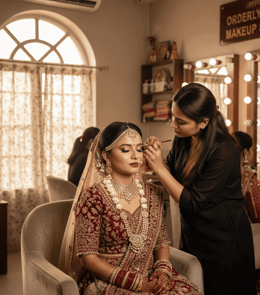 Bride getting HD bridal makeup done in Orderly Bazar Varanasi.