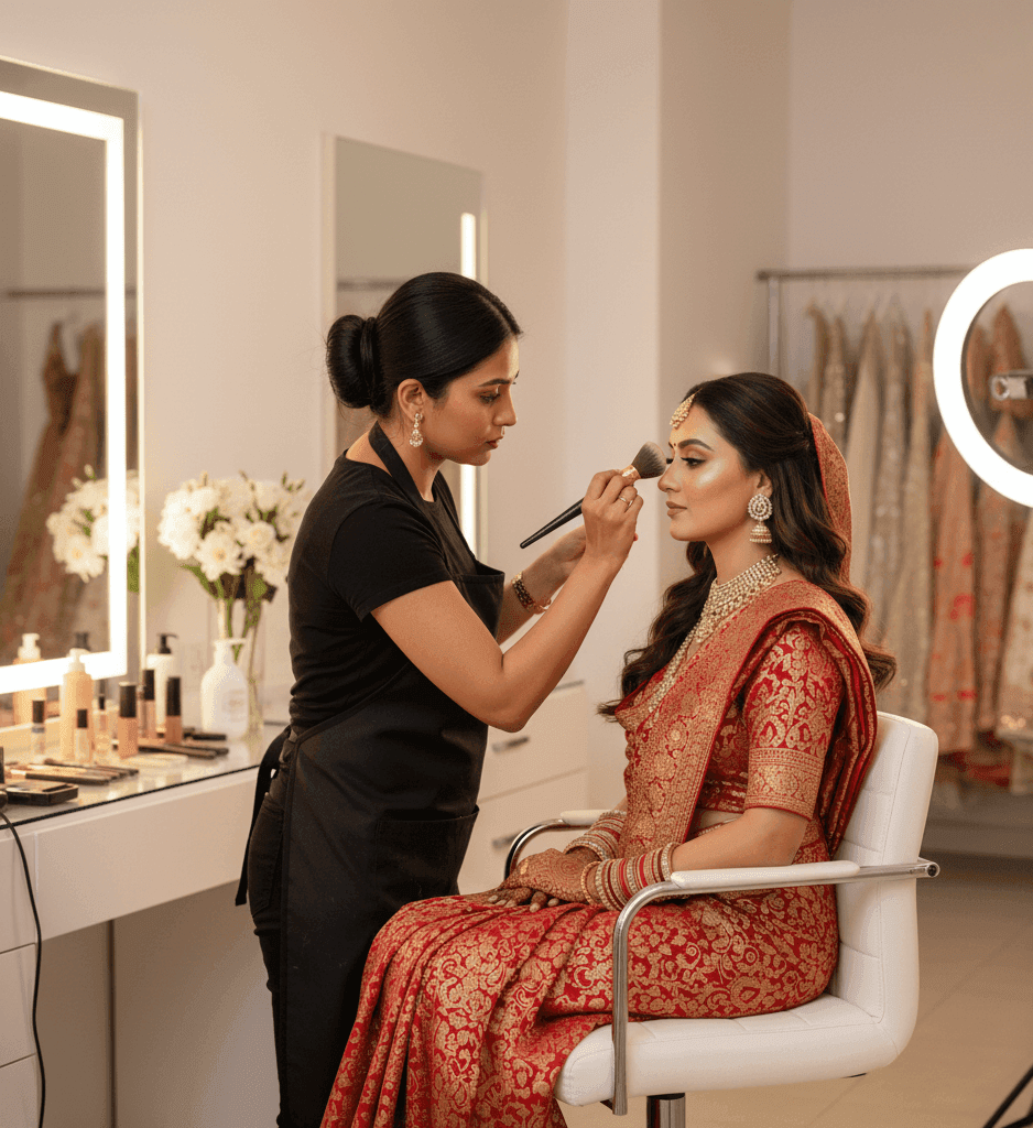 Makeup artist preparing bride with natural lightweight base