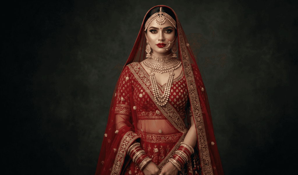 ride in traditional red lehenga posing at Banaras ghats with bridal makeup