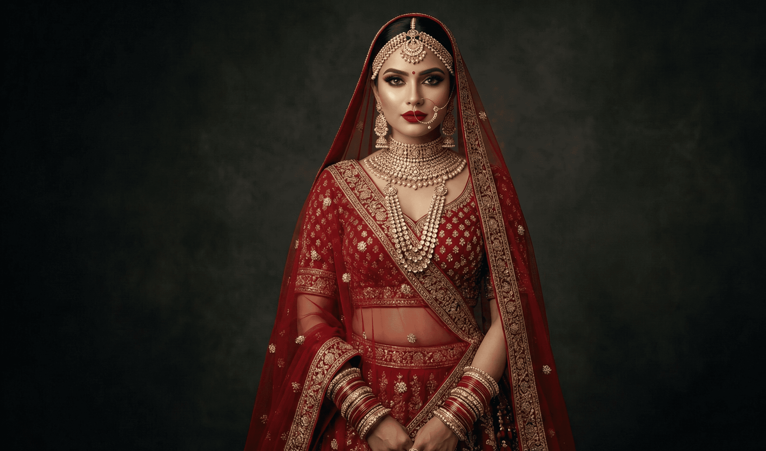 ride in traditional red lehenga posing at Banaras ghats with bridal makeup