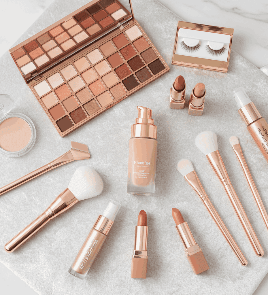 “Professional bridal makeup products used for wedding look”