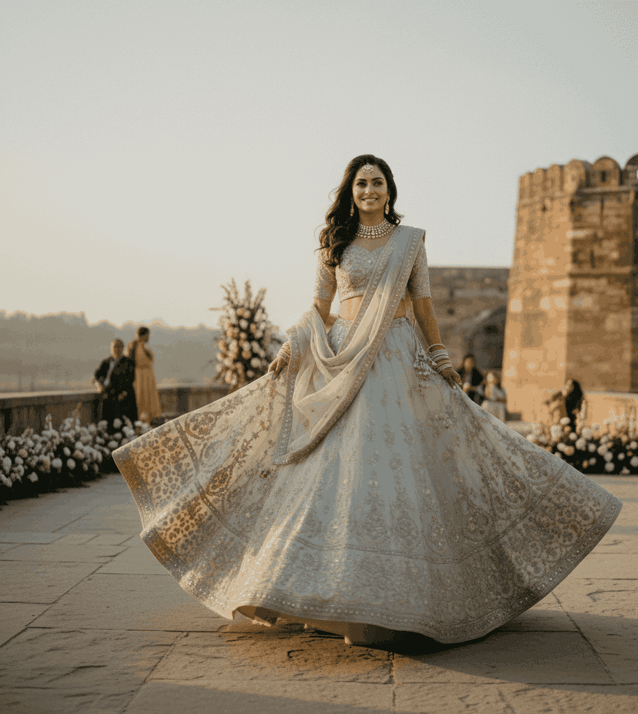 Daytime outdoor bridal makeup with soft matte base and warm brown eyes near Ramnagar Fort.