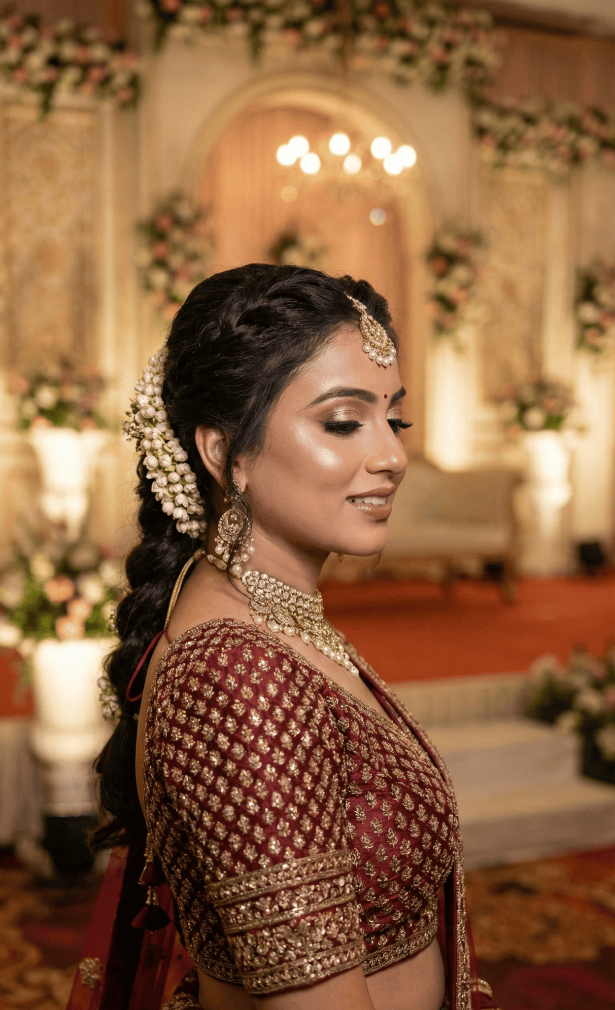 Luxury engagement makeup look in Varanasi with advanced HD technique and glamorous bridal appearance