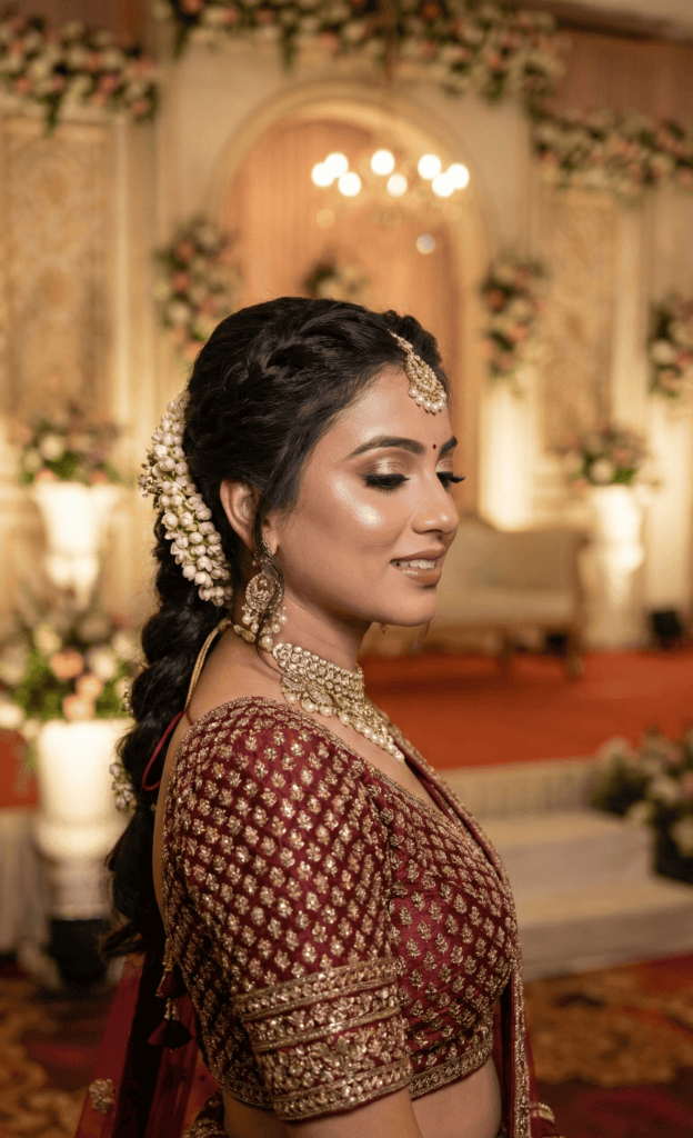 Luxury engagement makeup look in Varanasi with advanced HD technique and glamorous bridal appearance