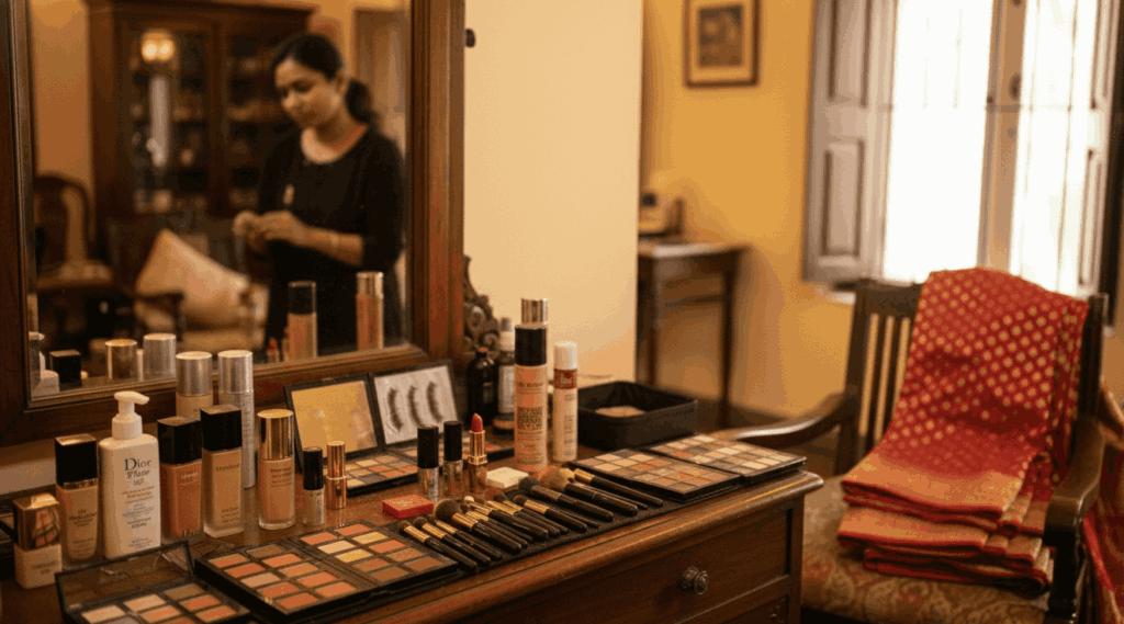 Makeup artist preparing bridal setup for home service in Bhelupur.