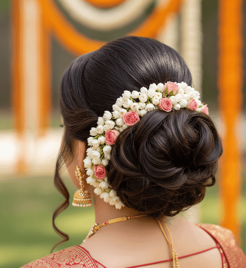 Soft bridal bun with flowers for Nagwa Varanasi bride