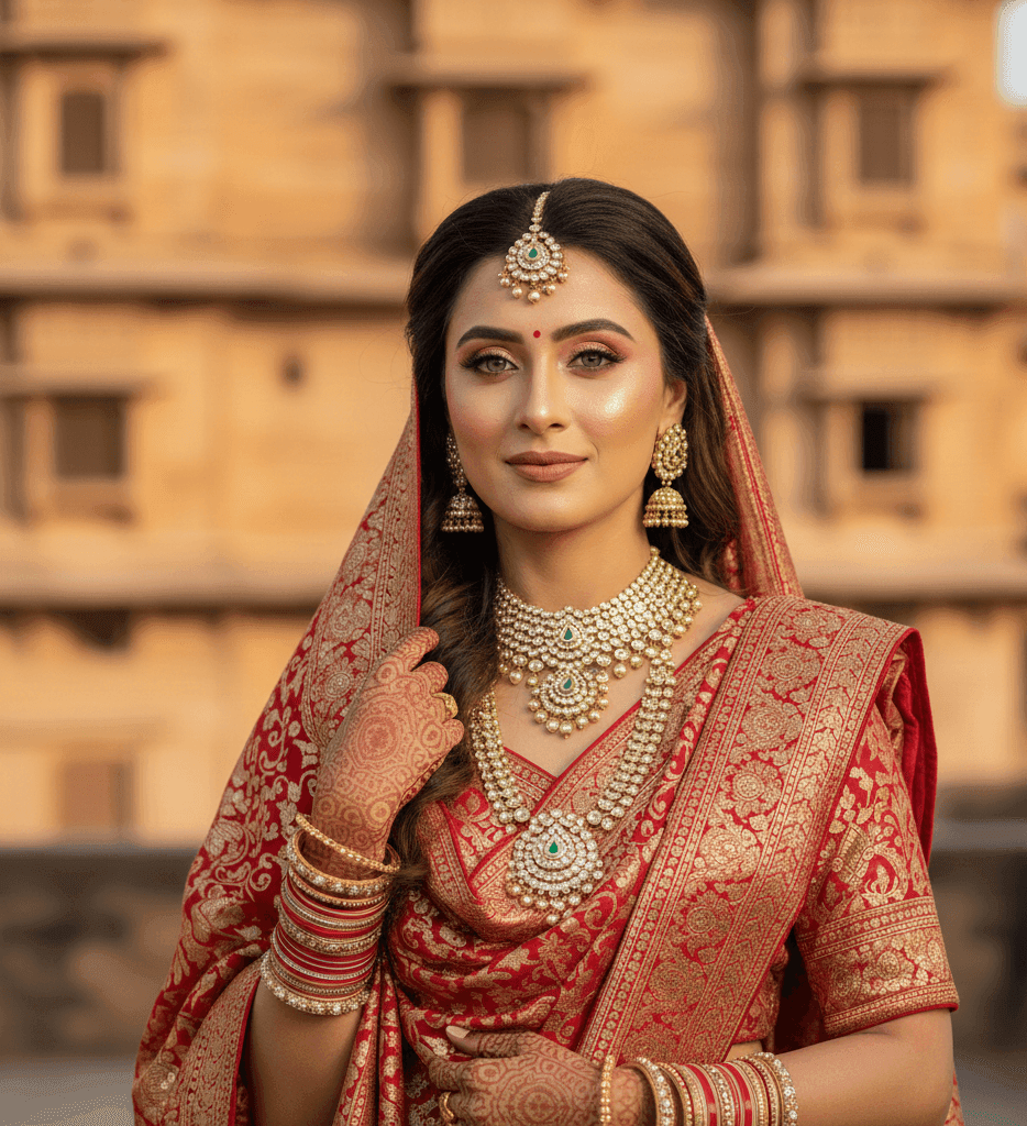Soft glam bridal makeup look for a Nagwa Varanasi bride