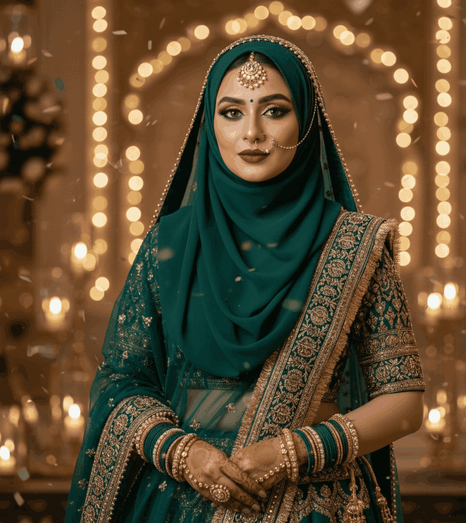 Royal Walima Muslim bridal makeup with golden shimmer and matte finish in Varanasi.