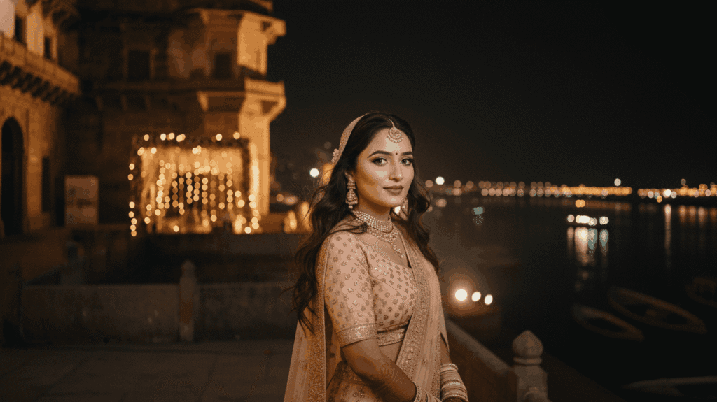 Night outdoor reception bride with shimmer eyes and soft glam makeup at Ramnagar Fort.
