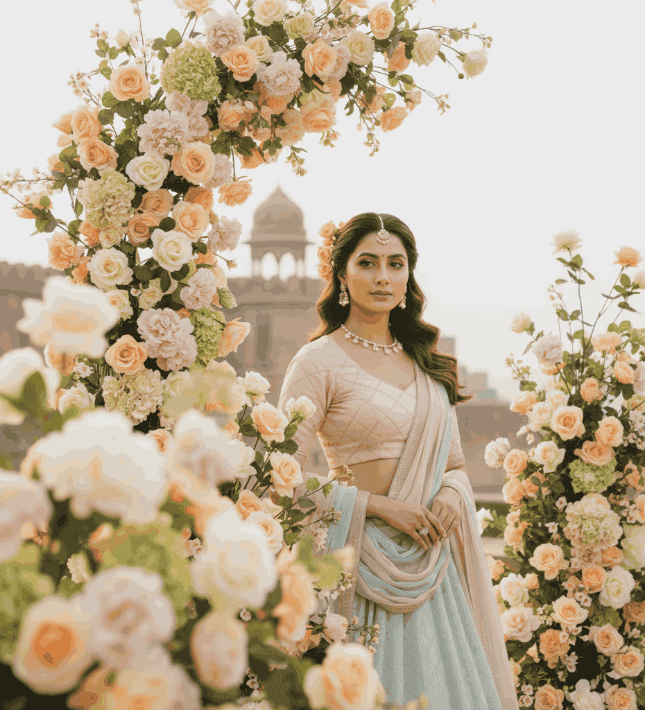 Pastel-themed bridal makeup with soft pink tones in an outdoor setting near Ramnagar Fort.