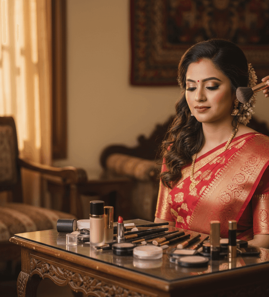 Makeup Artist in Sigra Varanasi doing elegant bridal look at home