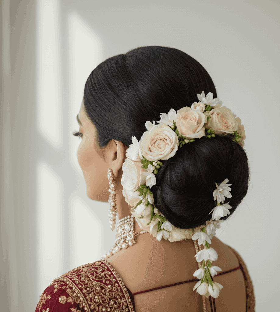 “Natural soft bridal hairstyle with flowers for Susuwahi bride