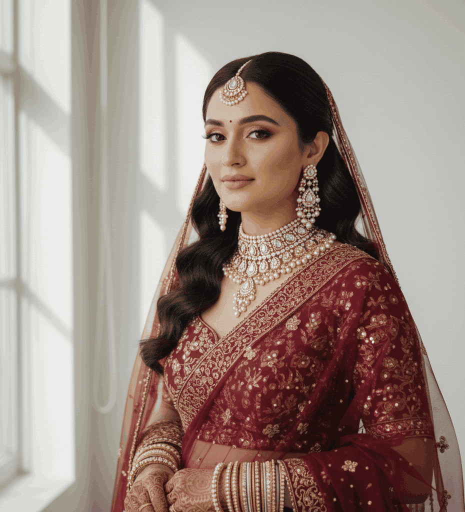 Soft glam bridal makeup look for a Susuwahi Varanasi bride