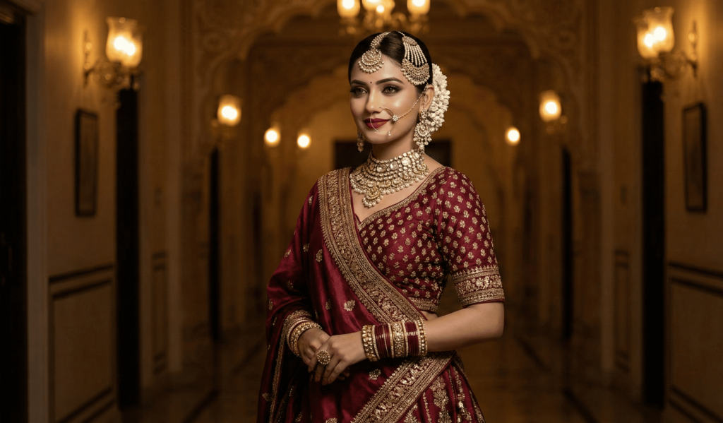 Indian bridal makeup with red lehenga at Varanasi ghats during golden hour