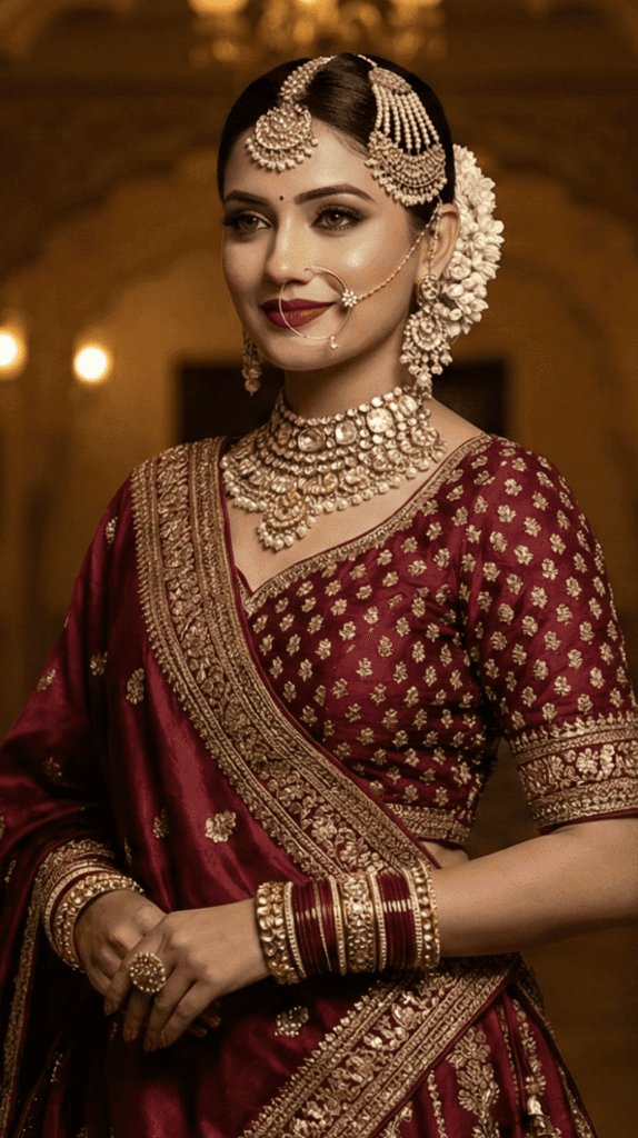 Indian bridal makeup with red lehenga at Varanasi ghats during golden hour
