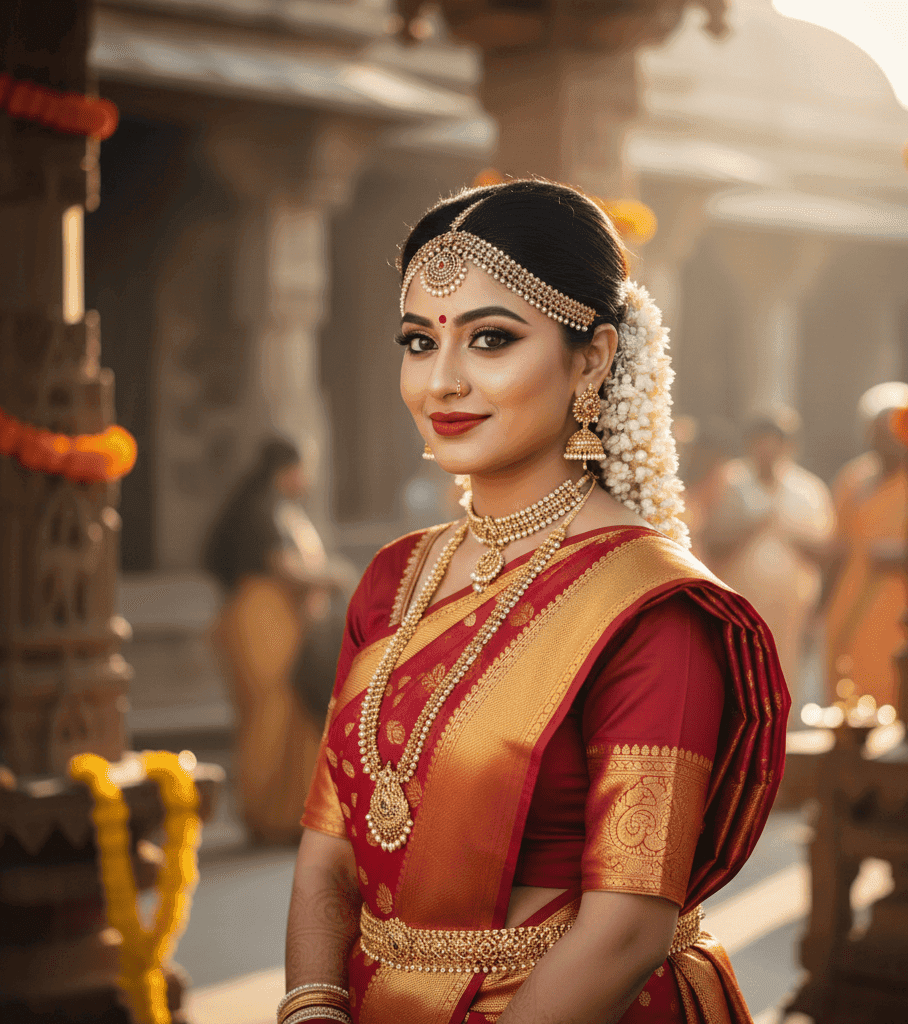 South Indian bridal makeup in Varanasi with traditional silk saree and royal elegance