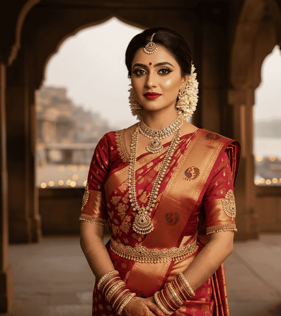 Temple wedding South Indian bridal makeup look in Varanasi with traditional jewelry