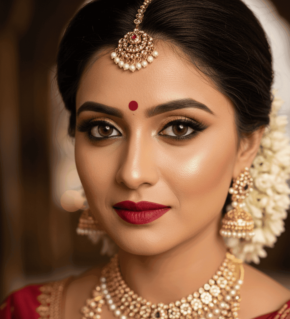 Close up of South Indian bridal makeup in Varanasi showing natural glow and defined eyes